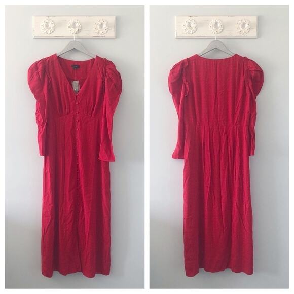 J. Crew Drapey Puff Sleeve Dress in Pin Dot Deep Ruby Red Style BB311 - Picture 1 of 9
